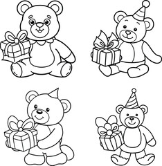 Fototapeta premium Coloring page set of teddy bears with gifts and party hats for children