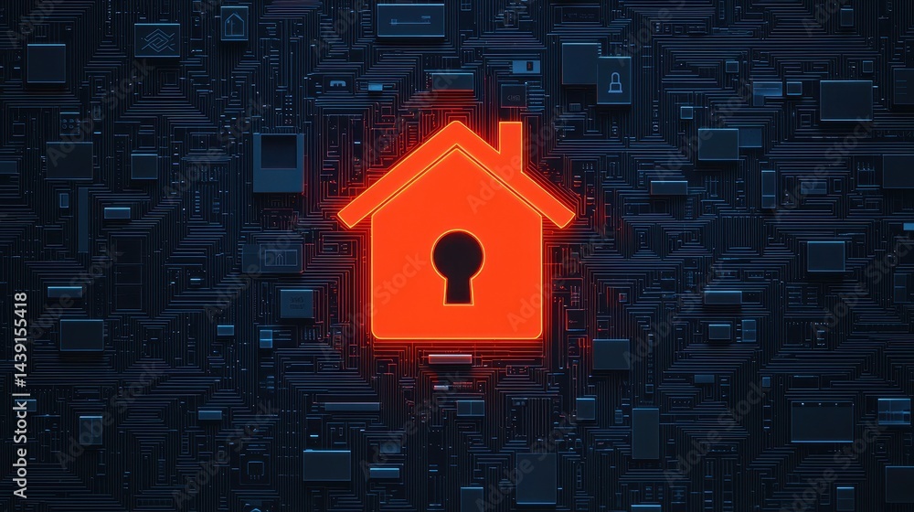 Poster futuristic home security concept with lock symbol on abstract digital background of circuit board de