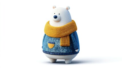 Playful, cartoonish polar bear in winter attire against a plain backdrop.