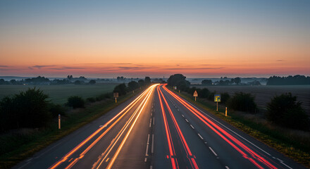 Highway At Dusk Showcasing Light Trails And Serene Rural Landscape