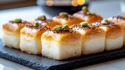 Close Up of Delicious Dessert Squares with Nuts and Seeds on Black Stone
