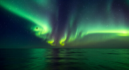 Dramatic Northern Lights Reflecting in Ocean During Nighttime Scenic Display