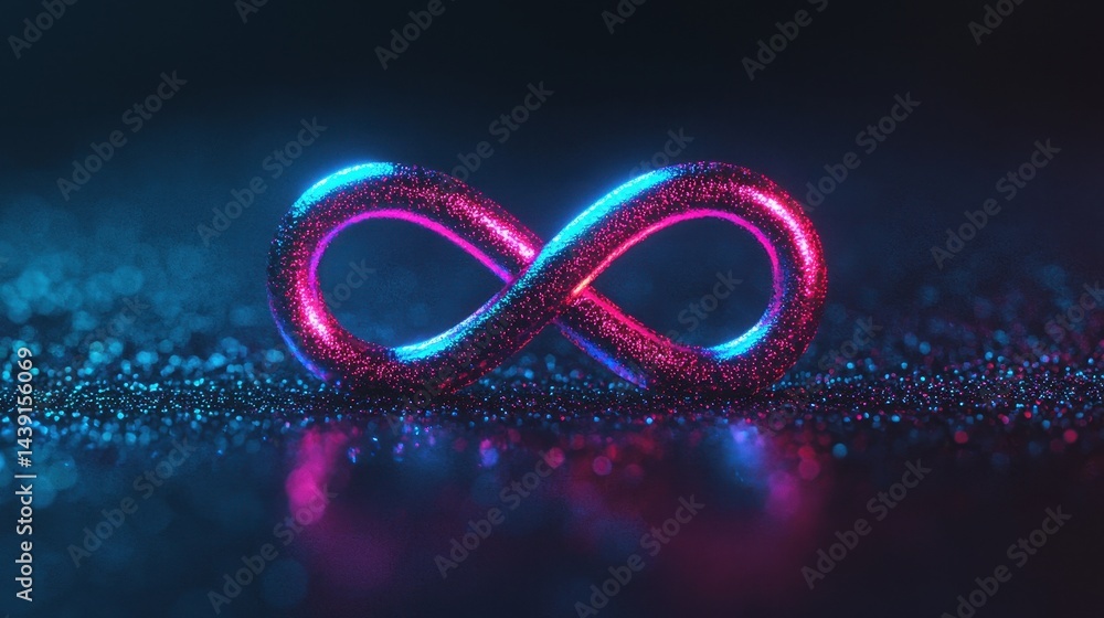 Poster sparkling infinite loop in neon colors on a glossy surface with glowing glitter for creative concept