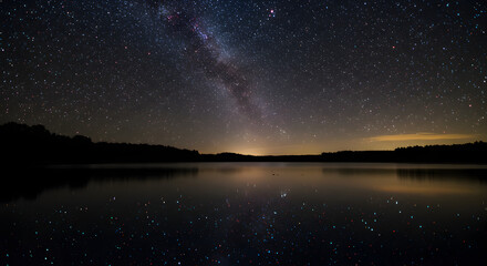 Fototapeta premium Majestic Milky Way Reflection Over Still Lake During a Dark Night