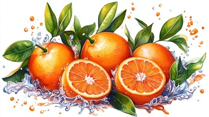 Fresh Oranges in Dynamic Watercolor Splash