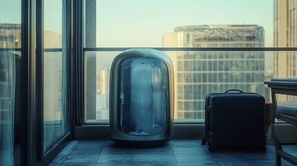 portable ice pod on hotel balcony, suitcase nearby .