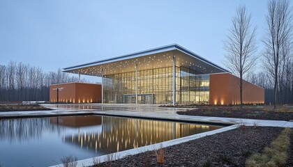Fototapeta premium Modern building facade with glass, metal accents, brick, and reflecting pool. Use this for architecture, corporate headquarters, or environmentally conscious design.