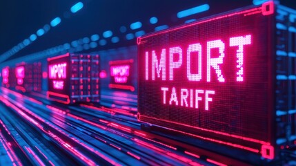 Futuristic Digital Warehouse with Neon Signs Indicating Import Tariffs and Trade Regulations in Night Lighting