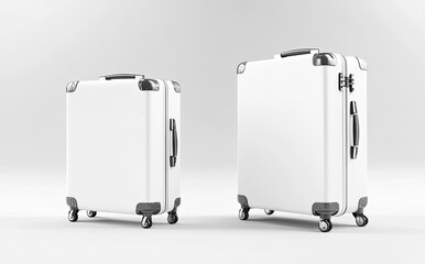 3D render of a white suitcase mockup set, isolated on a white background, showing the front view and side view. A blank luggage bag template mock-up for advertising design with copy space. A travel su