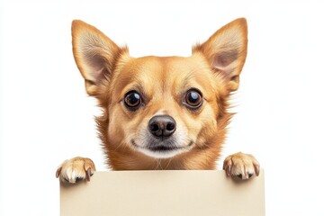 Cute Signs. Portrait of a Dog Holding a Sign with Text Space on Isolated White Background