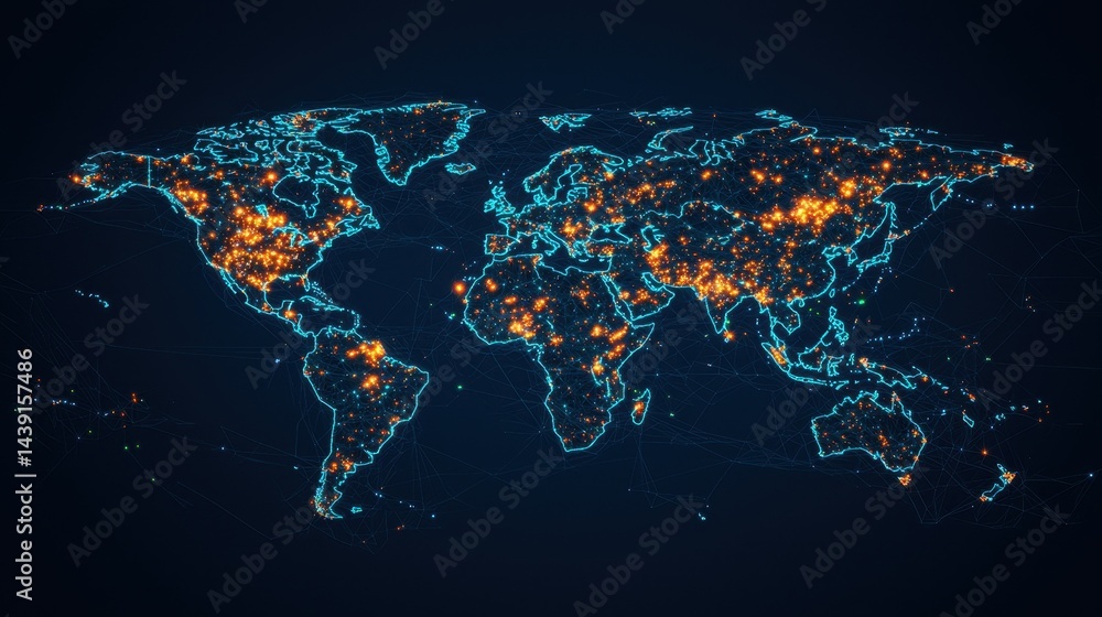 Poster bright network connections and data points on global map with illuminated cities and digital communi