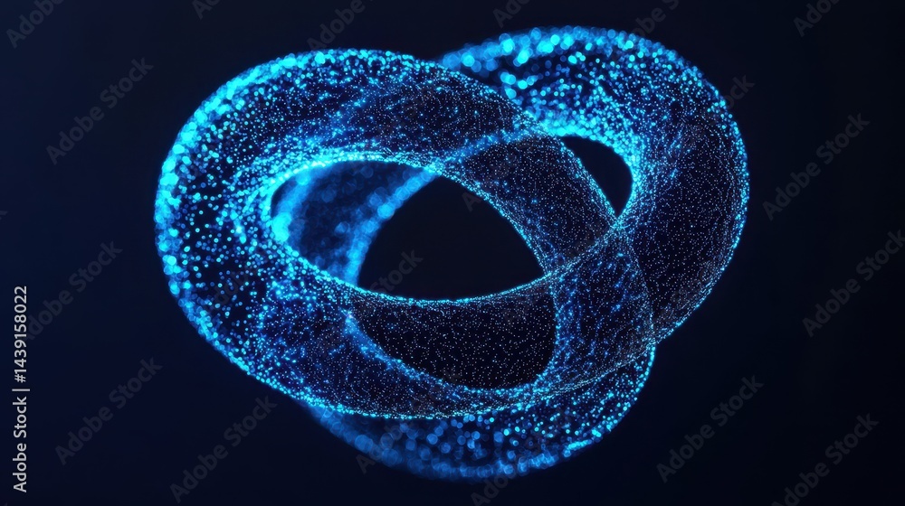 Poster abstract blue particle swirling shape forming infinity loop in dark space background