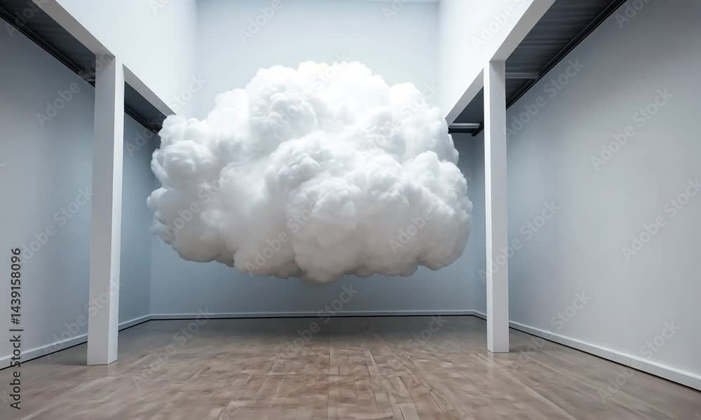 Poster a surreal scene featuring a large cloud floating in a minimalist gallery with wooden floors