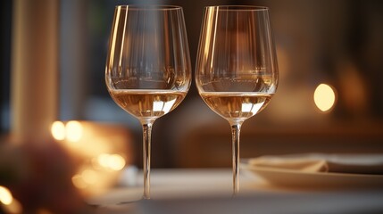 Obraz premium Close-up of two beautifully arranged wedding wine glasses on a stylish table, with subtle lighting highlighting the glass texture and a refined, celebratory vibe.