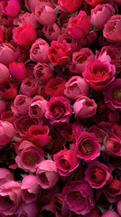 Fototapeta premium Crimson Blooms: An enchanting close-up of a rich tapestry of crimson roses, their velvety petals unfurling to reveal a breathtaking display of nature's artistry.