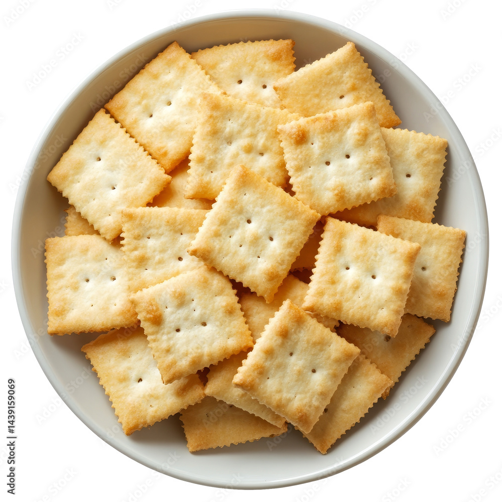 Poster freshly baked crackers arranged neatly in a transparent plate against a simple transparent backgroun