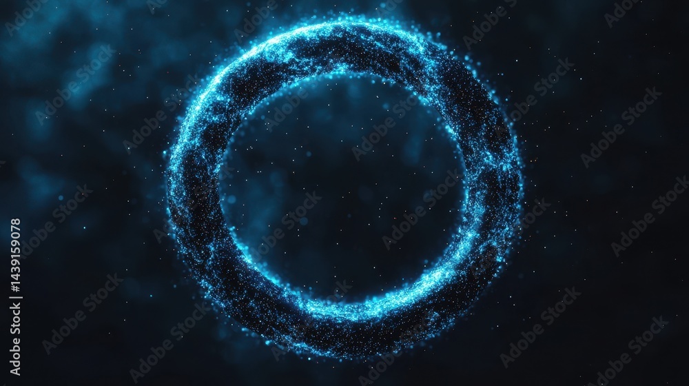 Poster abstract glowing blue circle with shimmering particles and light effects on a dark background