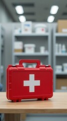 Practical red first aid kit on wooden counter in pharmacy