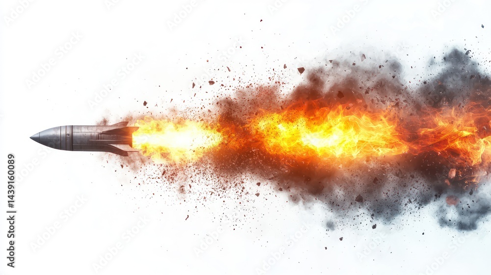 Poster exploding rocket launch with fire and smoke trails on white background.