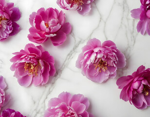 Petals of Beautiful Pink and Purple Peony flowers over a white marble background, with a copy space collage of pink flowers.