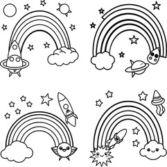 Fototapeta premium Line art rainbows space rockets and stars illustration for coloring page designs