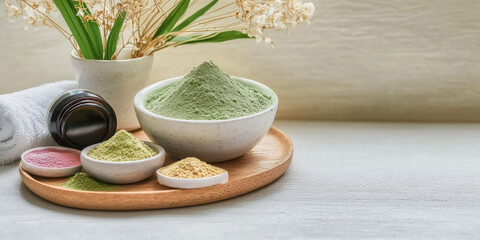 Natural spa powder, green clay, and herbal ingredients in ceramic bowls on wooden tray, with towel and dried flowers, create calm, relaxing wellness atmosphere for skincare