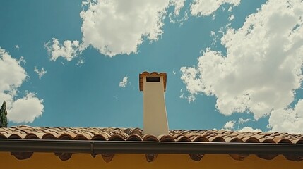 Chimney piercing a sunny sky above terracotta roof