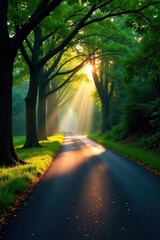 Asphalt road curves gently through ancient trees, early morning light , tall, peaceful