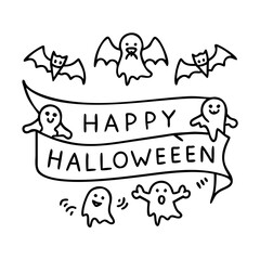 happy halloween banner with ghosts and bats icon