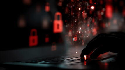 Cybersecurity and data breach concept. A person using a laptop with digital padlock icons, a red open lock symbolizing a data breach, highlighting cyber threats and privacy issues. Shallow depth of fi