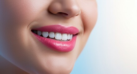 Fototapeta premium Close Up of Rosy Lips and Healthy Smile with Soft Skin Texture in Pastel Blue to White Gradient Background Perfect for Beauty and Cosmetic Projects