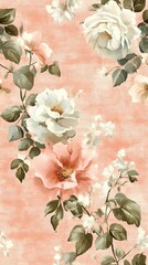 Tile of old-fashioned floral wallpaper with intricate botanical details and retro styling, perfect for classic-themed projects and vintage decor.