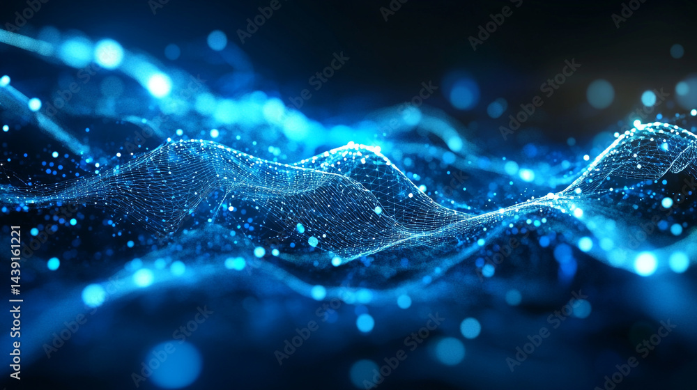 Poster abstract connectivity in data flow description with network connected various lines and glowing effe