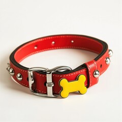 Red collar with bone tag close up on white background