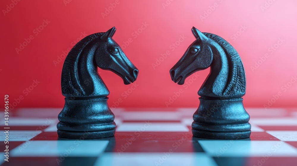 Poster black chess pieces facing each other on a chessboard with a red and blue gradient background for str