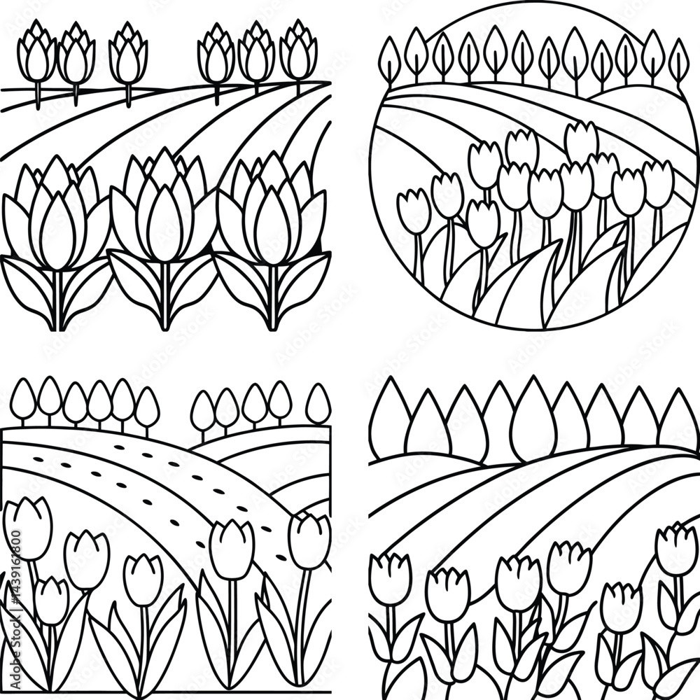 Poster spring tulip fields line art collection with trees and rolling hills landscapes
