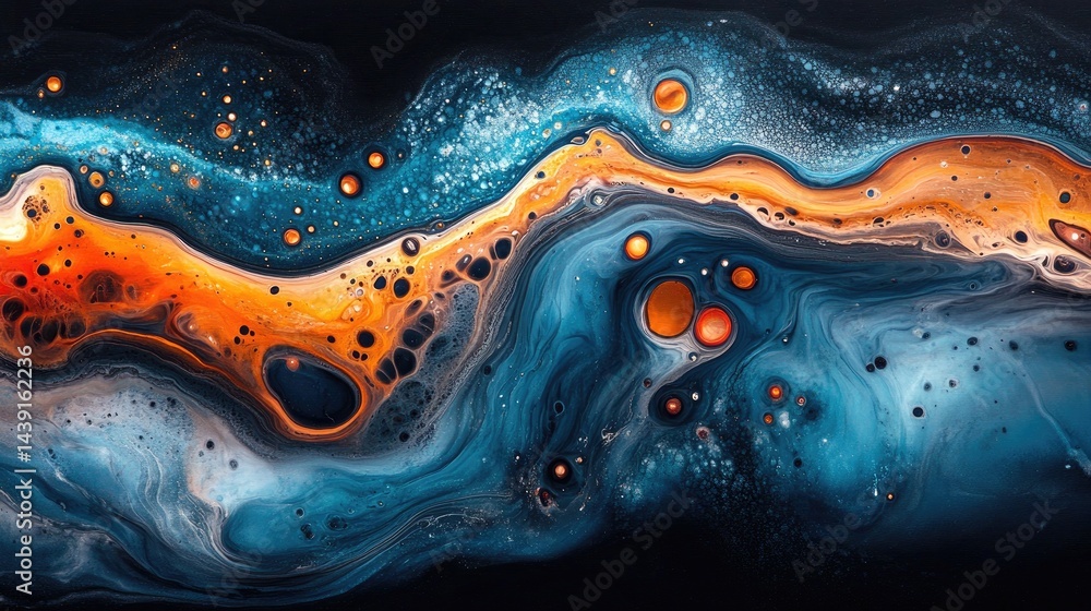 Poster abstract image of mixed blue and orange paints with bubble elements. use as a modern background for 