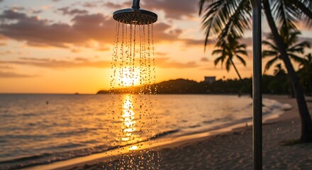 Sunny beach shower theme 4k wallpaper background showcasing sandy shore, sparkling ocean, minimalist outdoor shower for tropical getaway promotions, summer lifestyle, and wellness retreats
