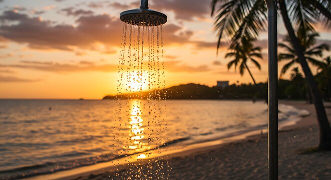 Sunny beach shower theme 4k wallpaper background showcasing sandy shore, sparkling ocean, minimalist outdoor shower for tropical getaway promotions, summer lifestyle, and wellness retreats
