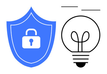 Blue shield with a lock symbol alongside an outlined light bulb signifies security, protection, innovation. Ideal for cybersecurity, creativity, ideas, safety, intellectual property, inspiration