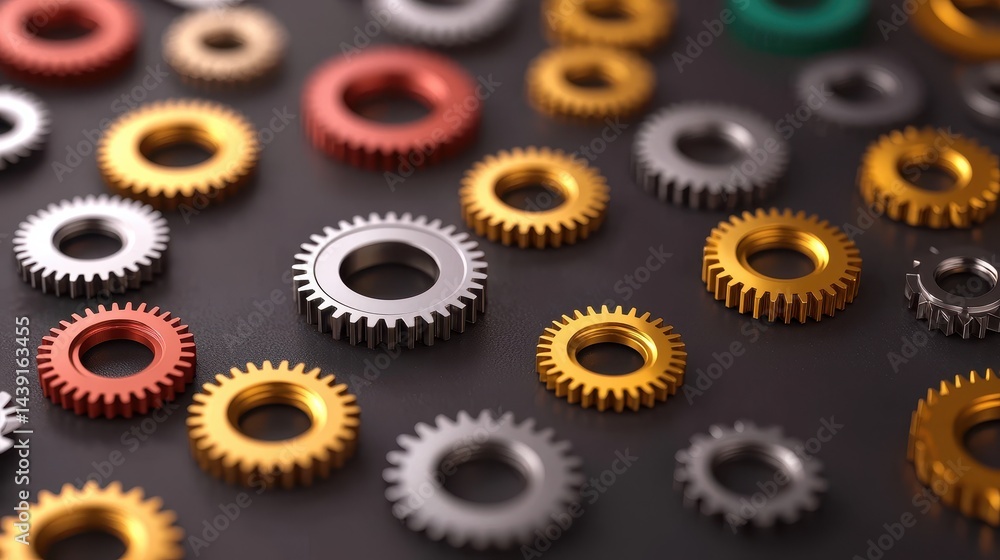 Poster colorful gears and cogs on dark surface for industrial and mechanical design concepts and background
