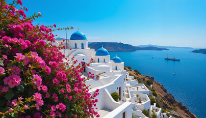 Fototapeta premium Santorini Island White Buildings and Blue Domes on Cliffside Overlooking Ocean