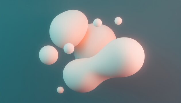Abstract forms float against a teal backdrop illuminated with warm light