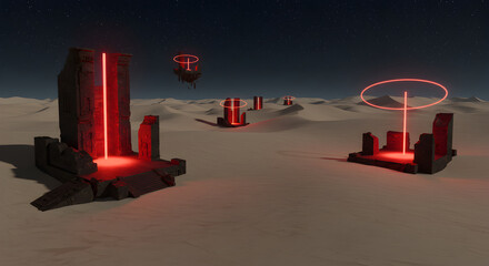 Futuristic Desert Ruins Glowing With Neon Red In The Night