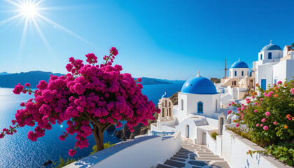 Fototapeta premium Santorini Flower Sea Greek Village Bright Sky