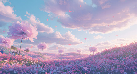 Enchanting Blossom Meadow Under Pastel Skies In A Dreamlike Setting