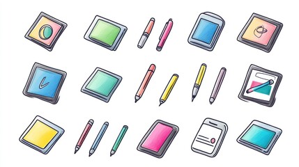 Colorful digital and writing tools, various shapes and hues.