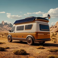 A modern camper van with solar panels and satellite dish is parked in a stunning desert landscape ready for off-grid adventure travel.