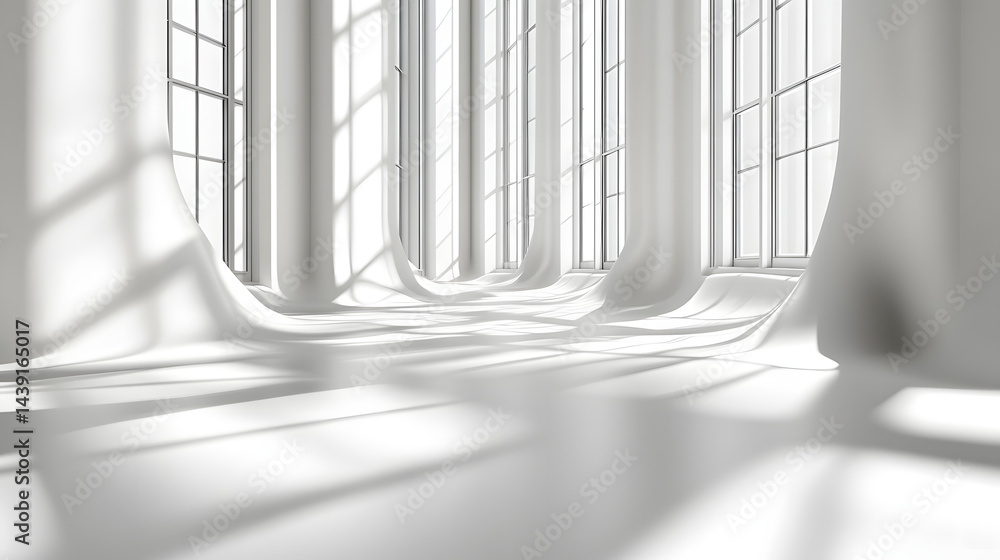 Aufkleber bright light streaming through open windows in a modern architectural space with white background