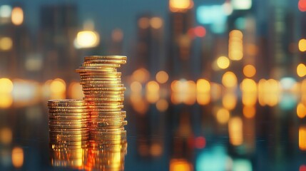 Stack of gold coins growing progressively higher on reflective surface with blurred city skyline background, wealth and investment concept 